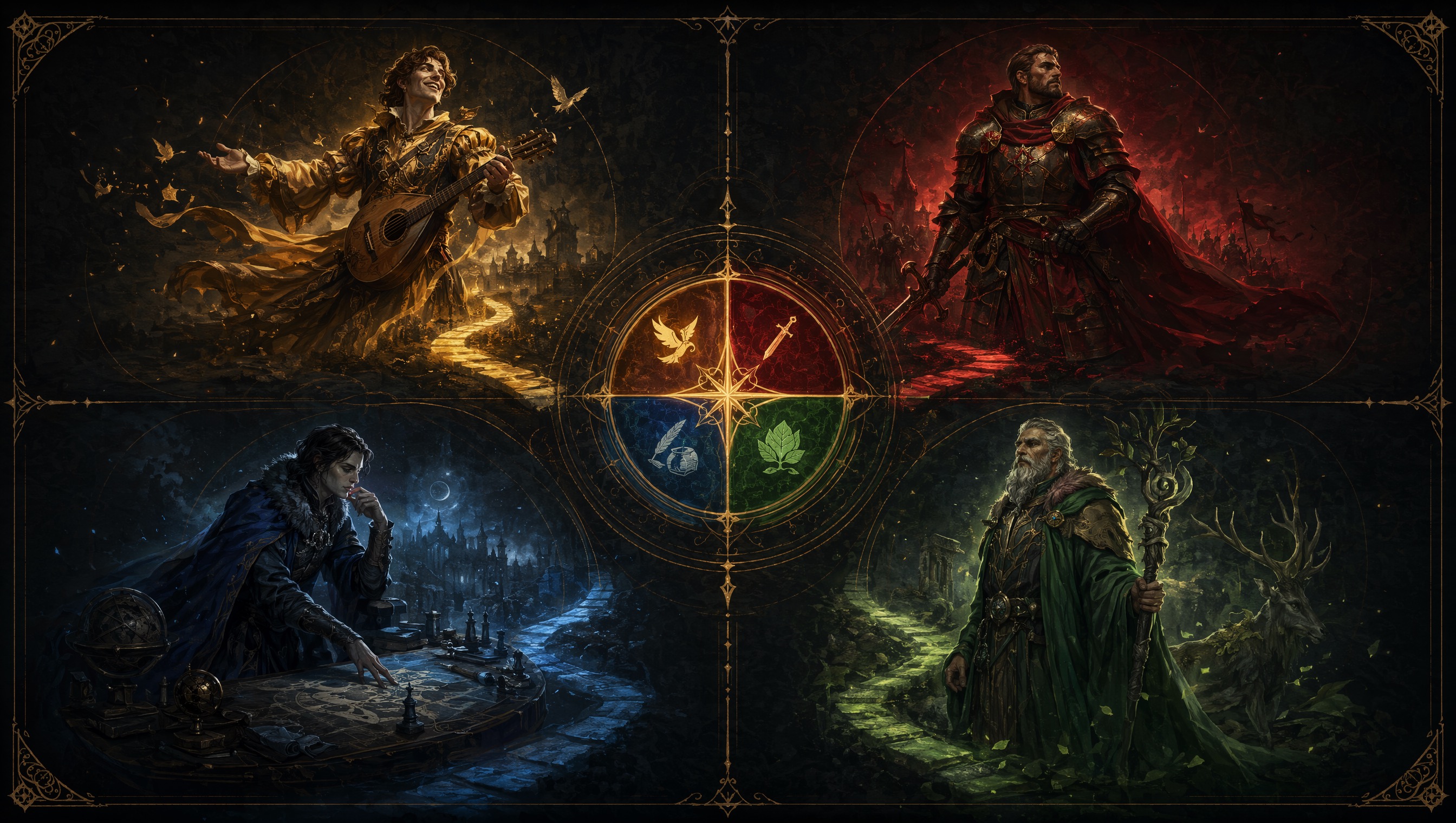Four temperament archetypes around a glowing compass for the Choleric Sanguine Melancholic Phlegmatic test